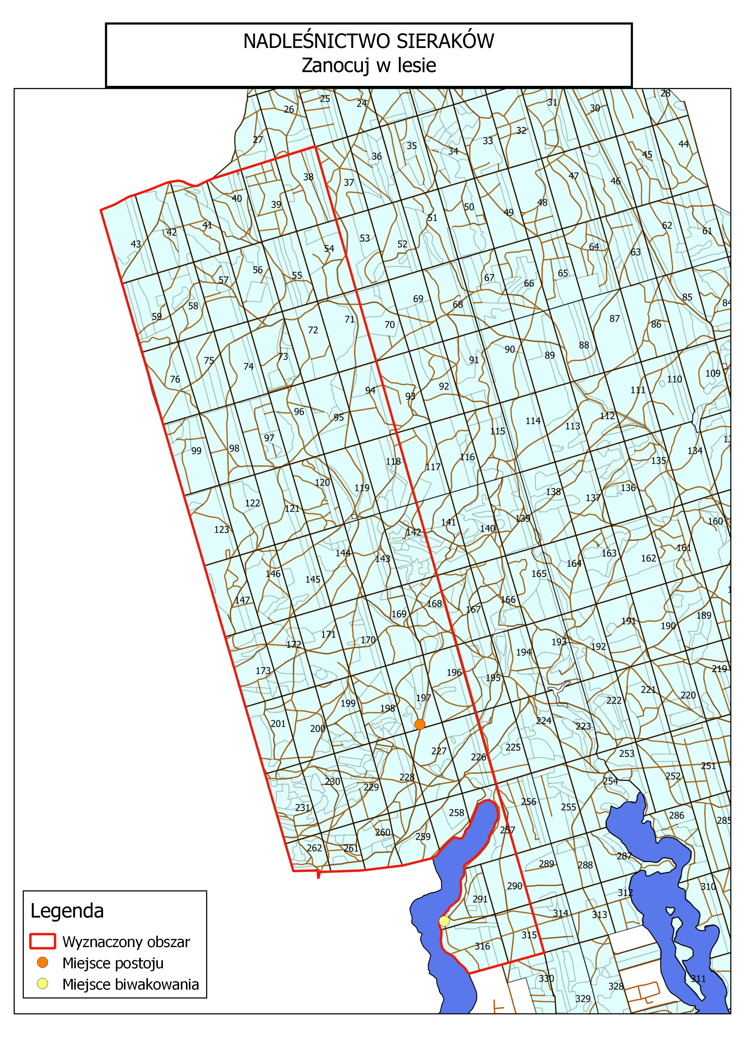 Mapa obszaru Zanocuj w lesie w Nadleśnictwie Sieraków