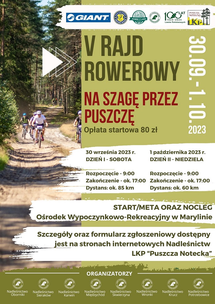 Plakat V RAJD ROWEROWY NA SZAGĘ PRZEZ PUSZCZĘ 30.09. - 01.10.2023 Szczegółowe informacje w artykule