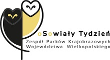 Logo projektu edukacyjnego oSowiały Tydzień Zespółu Parków Krajobrazowych Województwa Wielkopolskiego. Od lewej dwie stylizowane sylwetki sów, poniżej na prawo nazwa projektu i organizatora