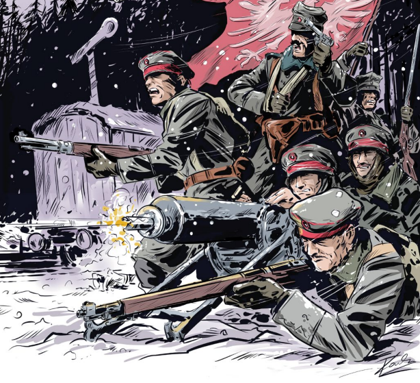 Grafika przedstawia fragment okładki komiksu o leśnikach walczących w Powstaniu Wielkopolskim. 